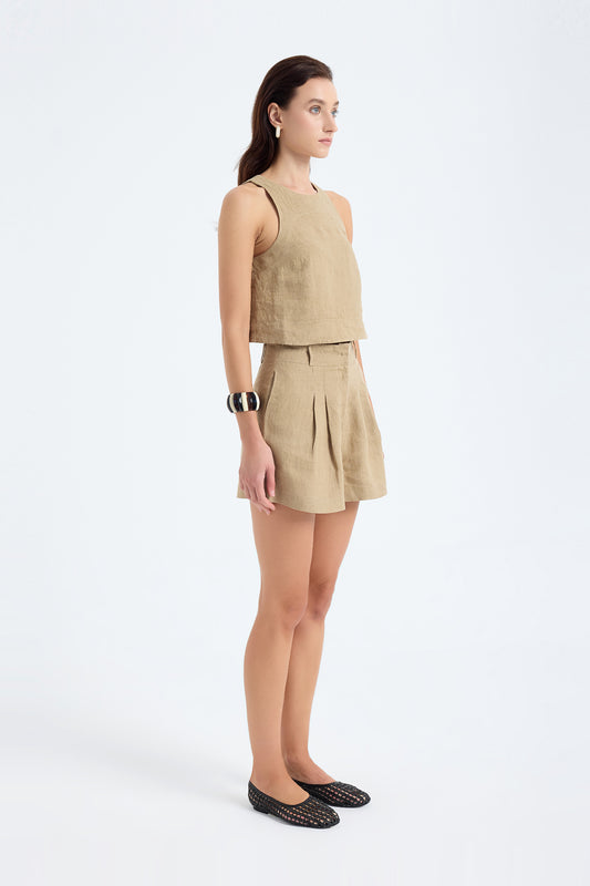 Lena Keten Crop Top-Bej