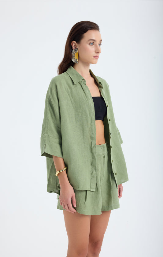 Iyan Keten Oversize Gömlek- Yeşil