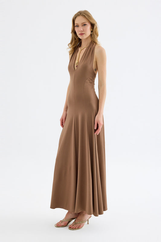 Isolde Viskon Halter Maxi Elbise - Bej