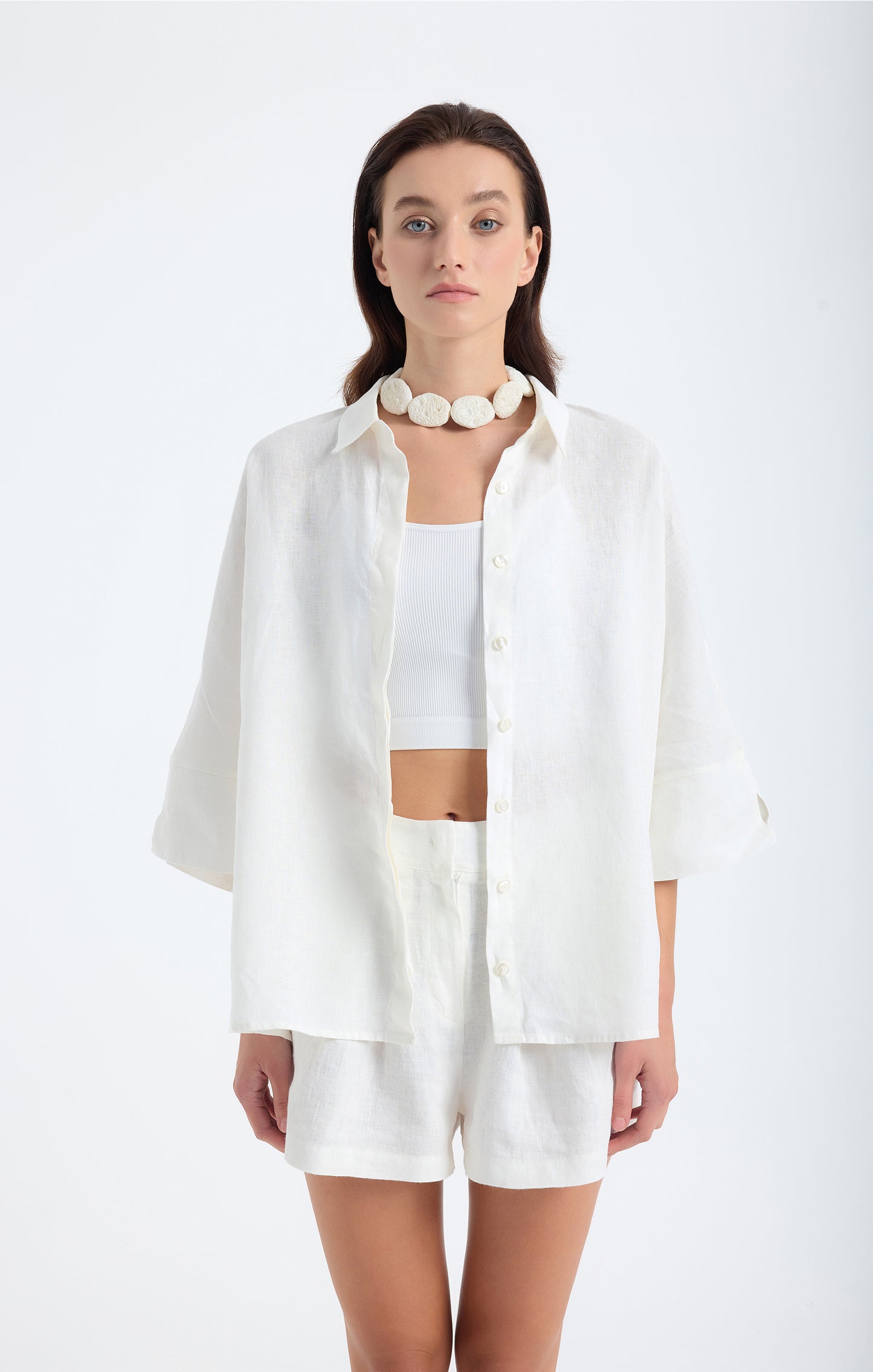 Iyan Beyaz Keten Oversize Gömlek