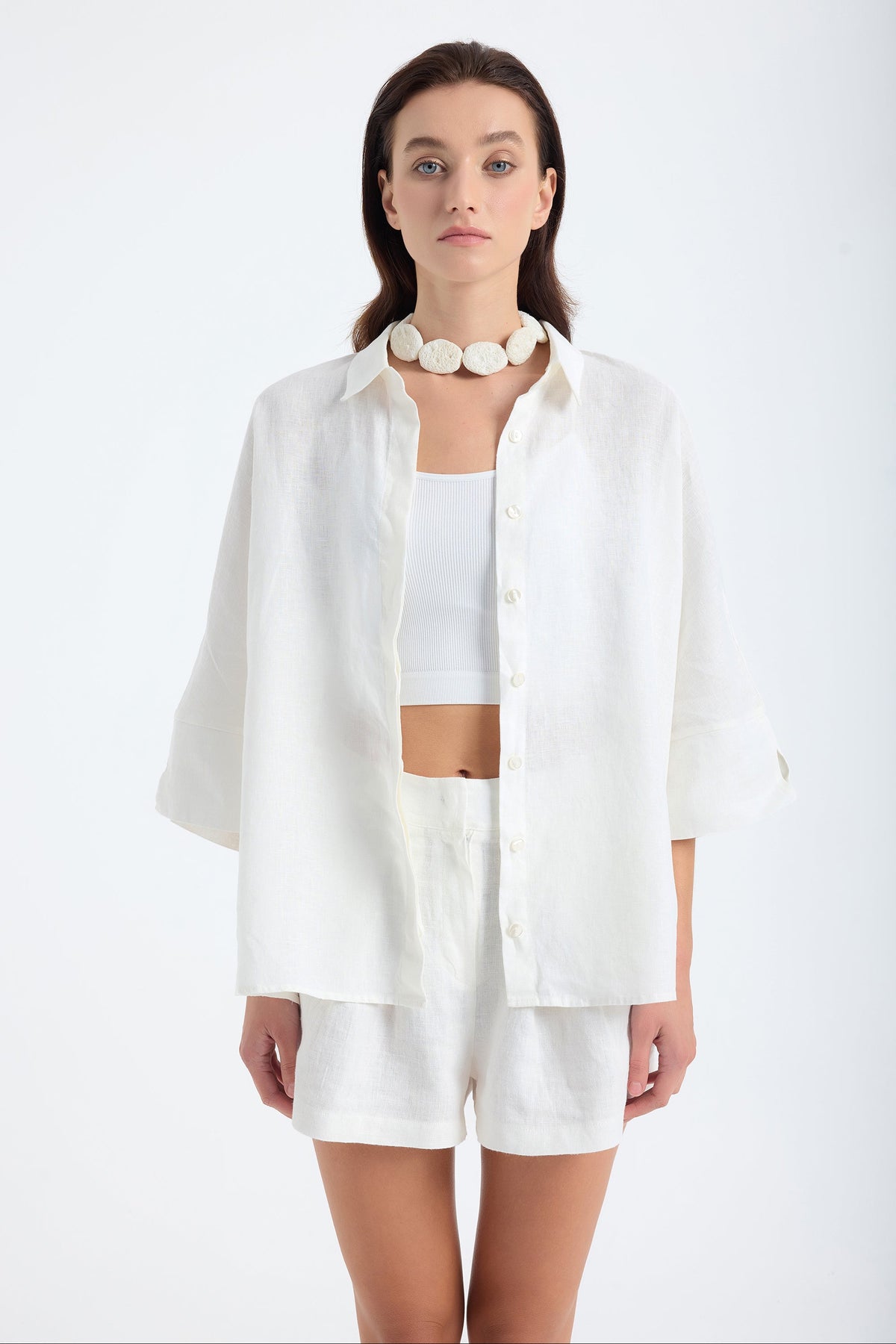 Iyan Oversize Keten Gömlek - Beyaz