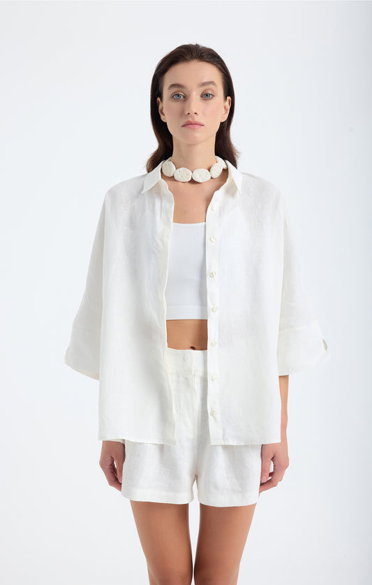 Iyan Beyaz Keten Oversize Gömlek