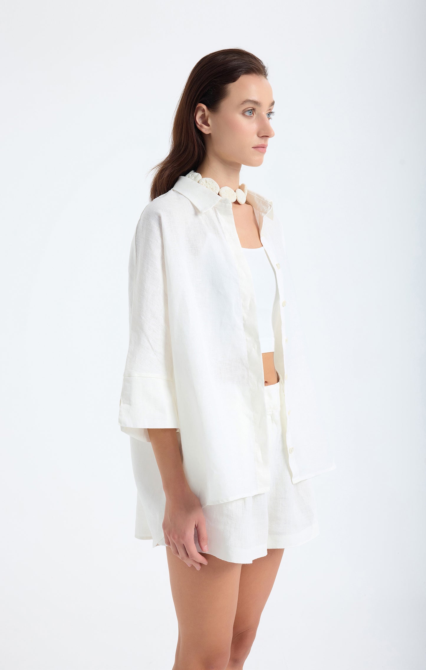 Iyan Beyaz Keten Oversize Gömlek
