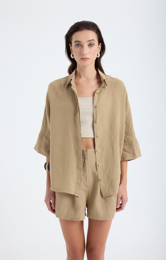 Iyan Bej Keten Oversize Gömlek