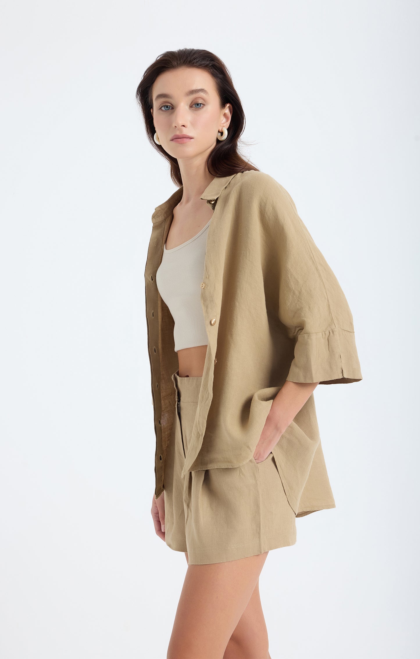 Iyan Bej Keten Oversize Gömlek