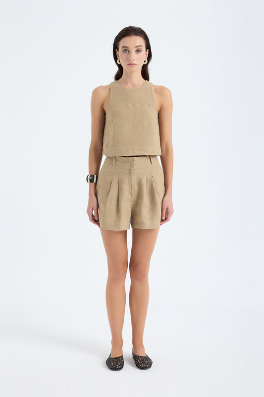 Lena Bej Keten Crop Top