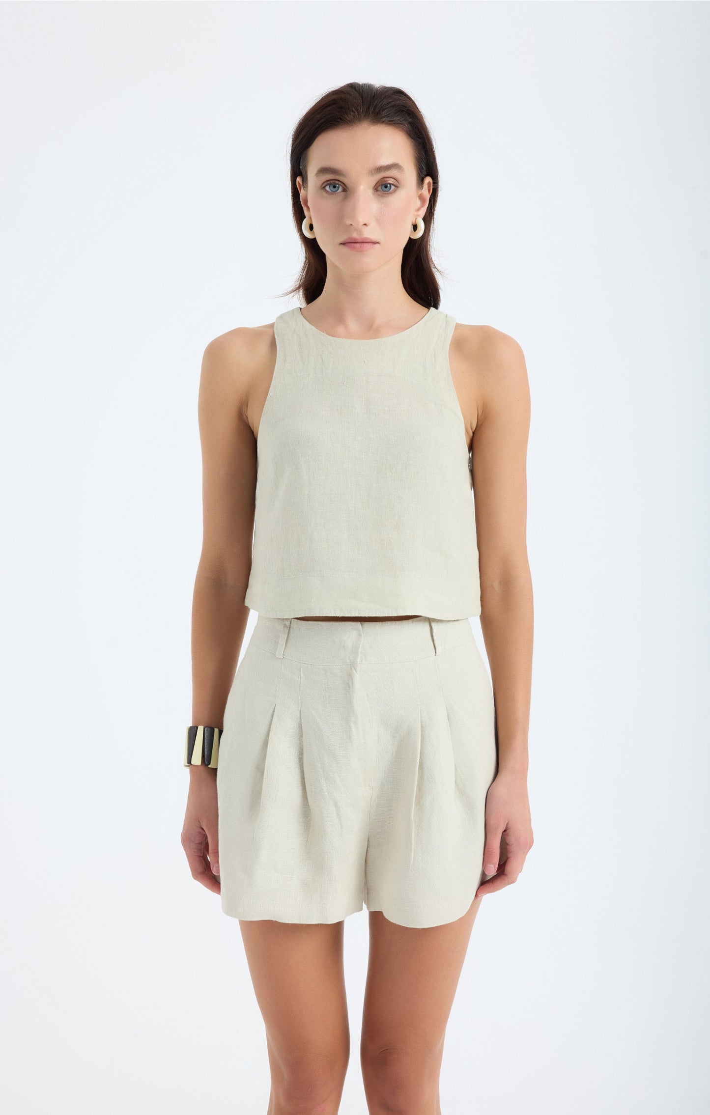 Lena  Keten Crop Top-Taş Rengi