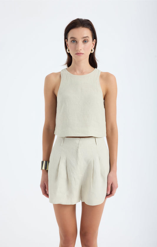 Lena  Keten Crop Top-Taş Rengi