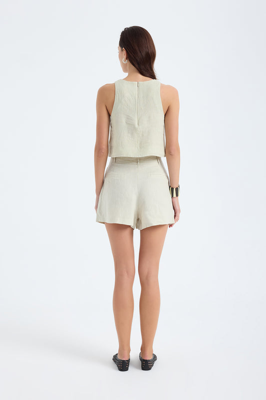Lena  Keten Crop Top-Taş Rengi