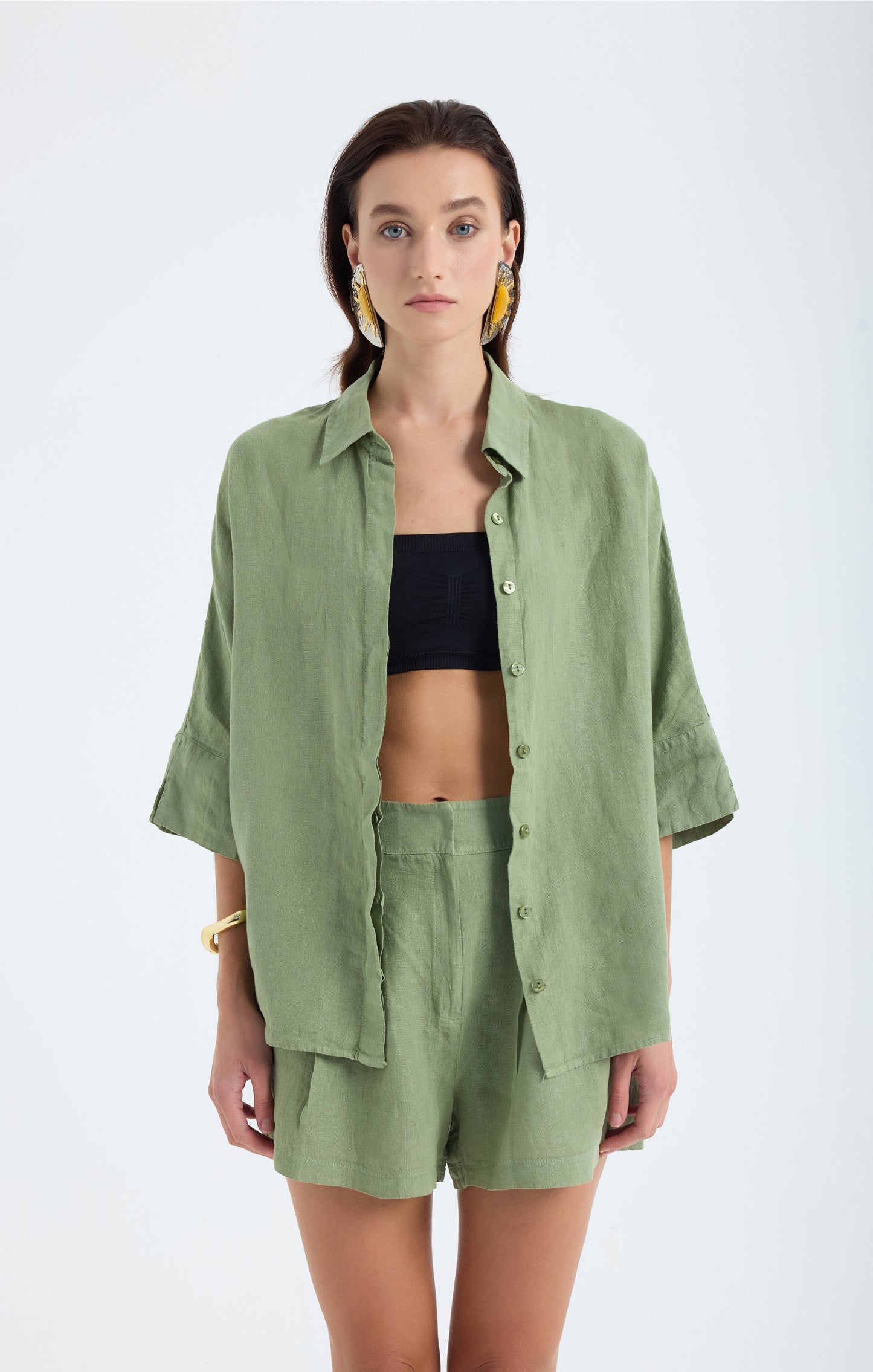 Iyan  Keten Oversize Gömlek- Yeşil