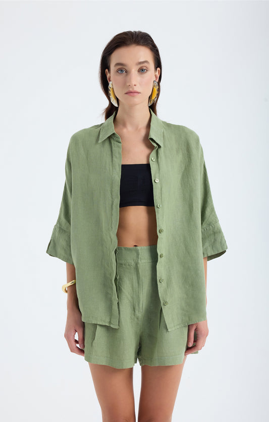 Iyan Yeşil Keten Oversize Gömlek