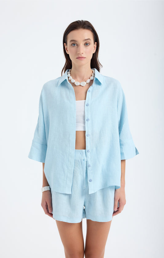 Iyan Mavi Keten Oversize Gömlek