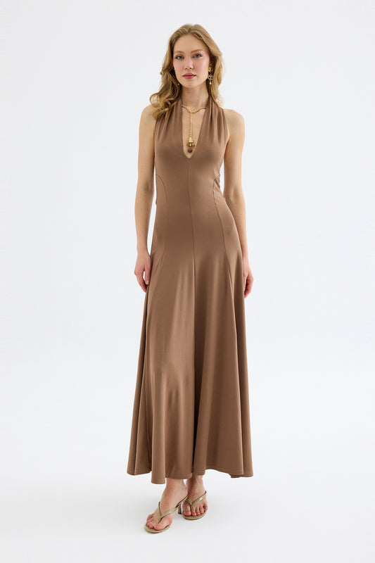 Isolde Viskon Halter Maxi Elbise - Bej