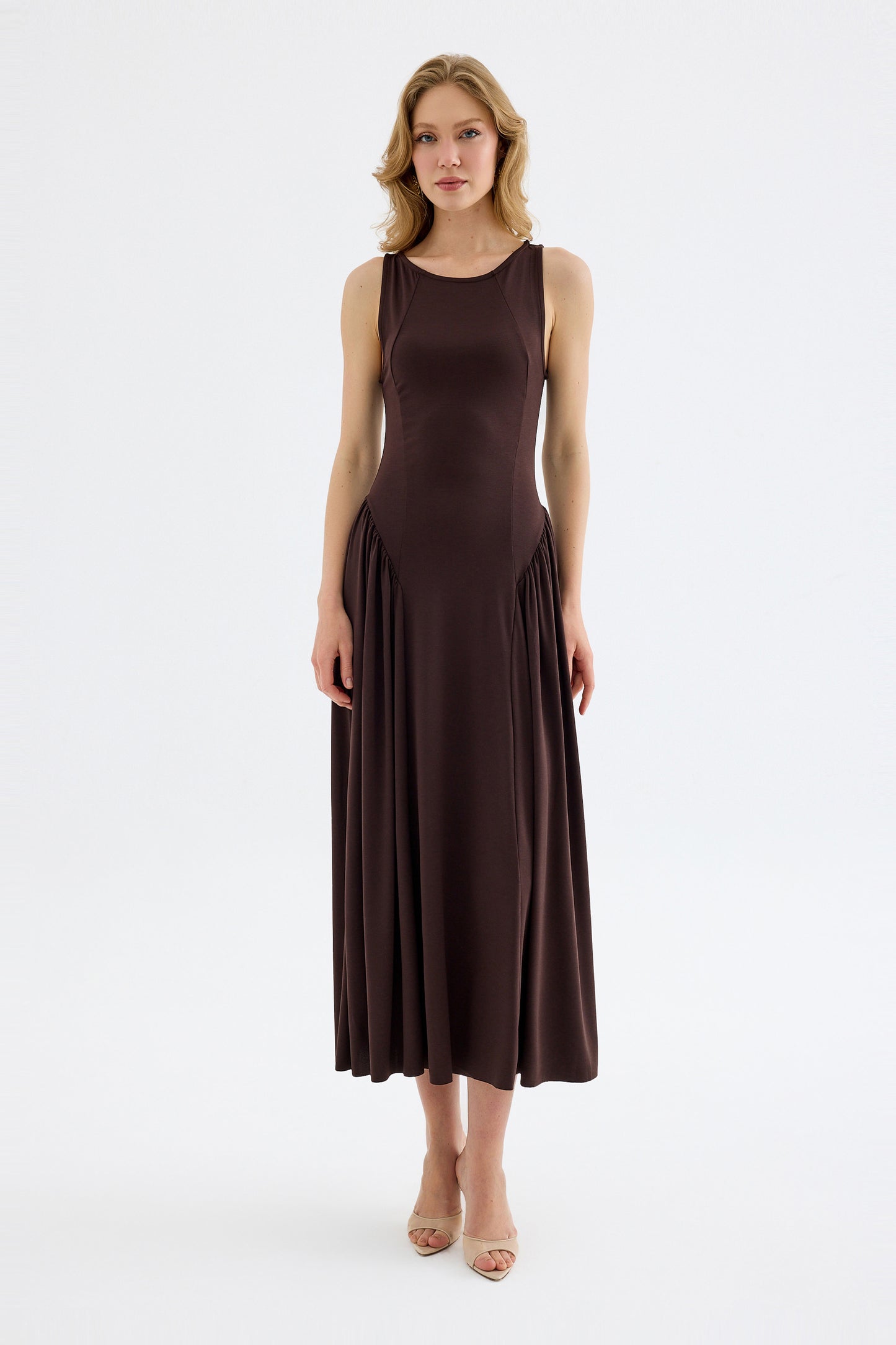 Elaris Viskon Bodycon Maxi Elbise - Kahverengi