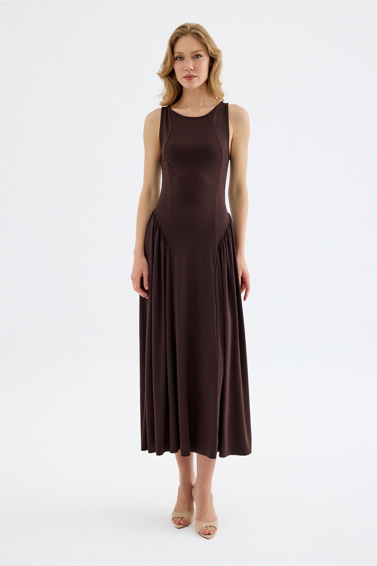 Elaris Bodycon Viskon Midi Elbise - Kahverengi
