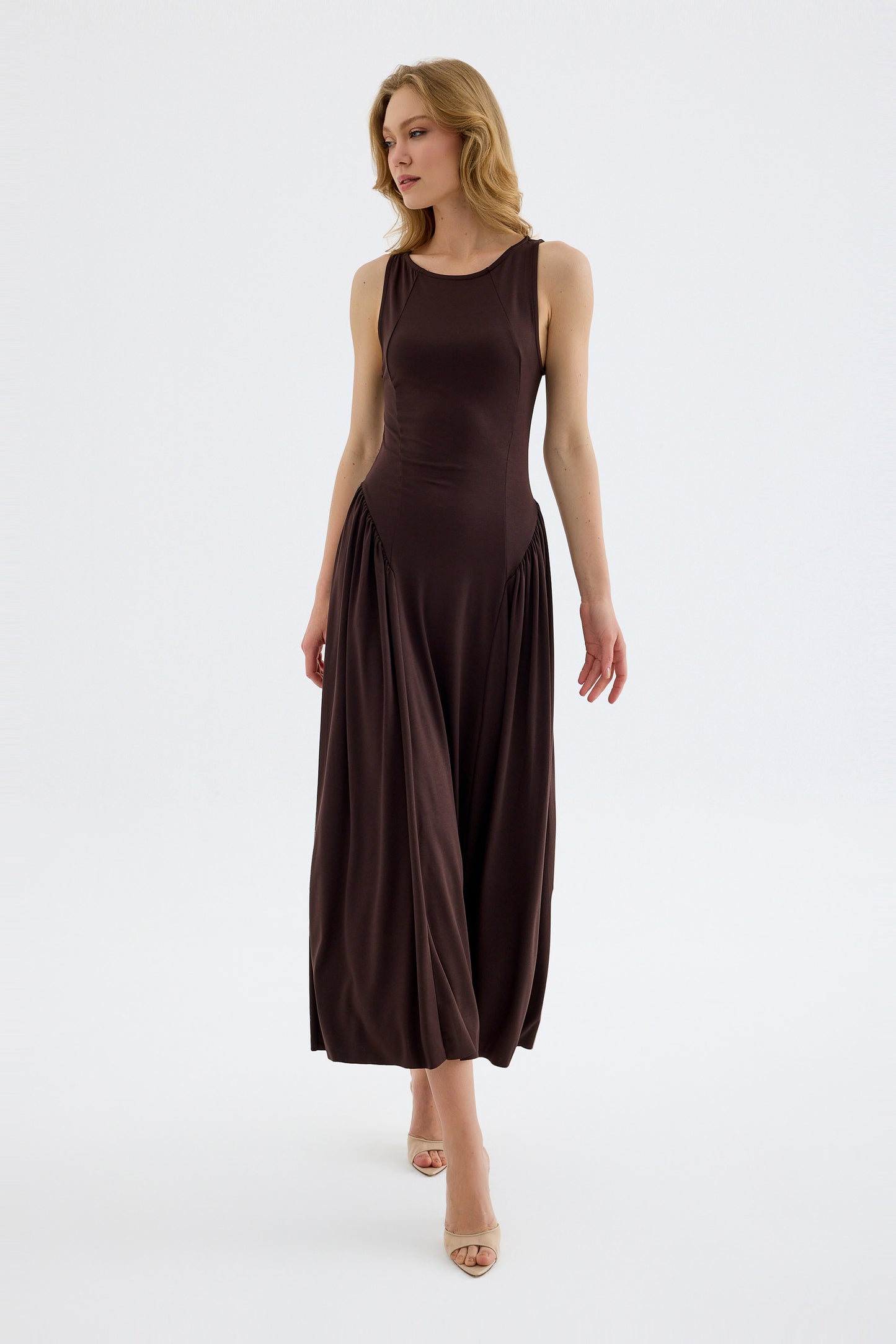 Elaris Viskon Bodycon Maxi Elbise - Kahverengi