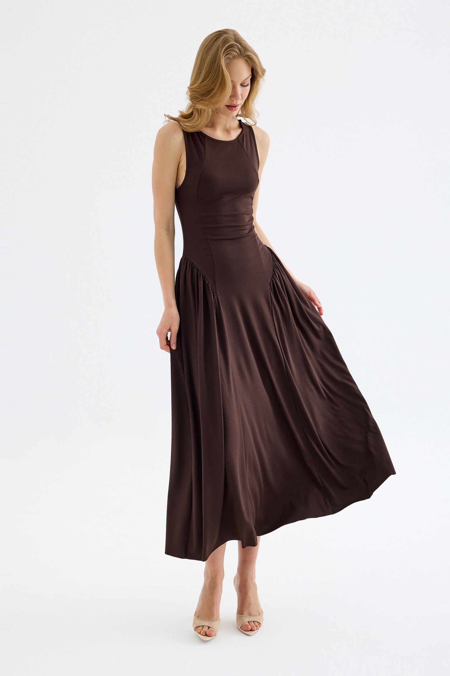 Elaris Viskon Bodycon Maxi Elbise - Kahverengi