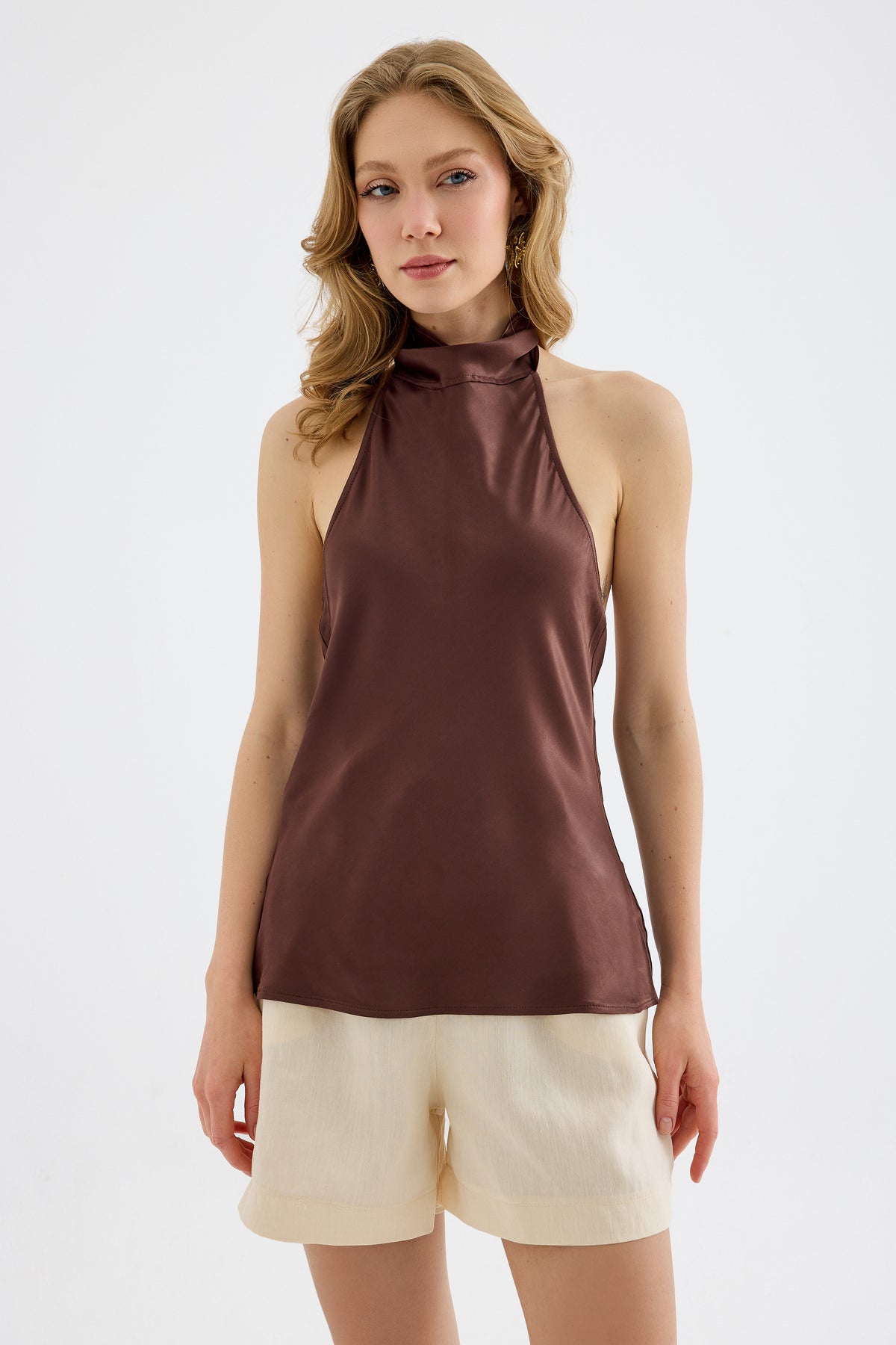 Veyra Silk Effect Viskon Halter Bluz - Kahverengi