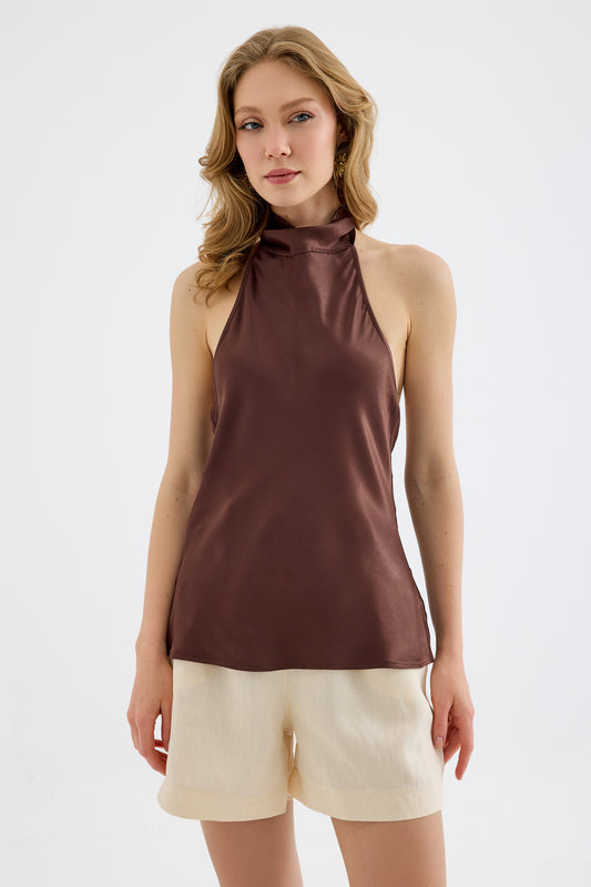 Veyra Silk Effect Viskon Halter Bluz - Kahverengi